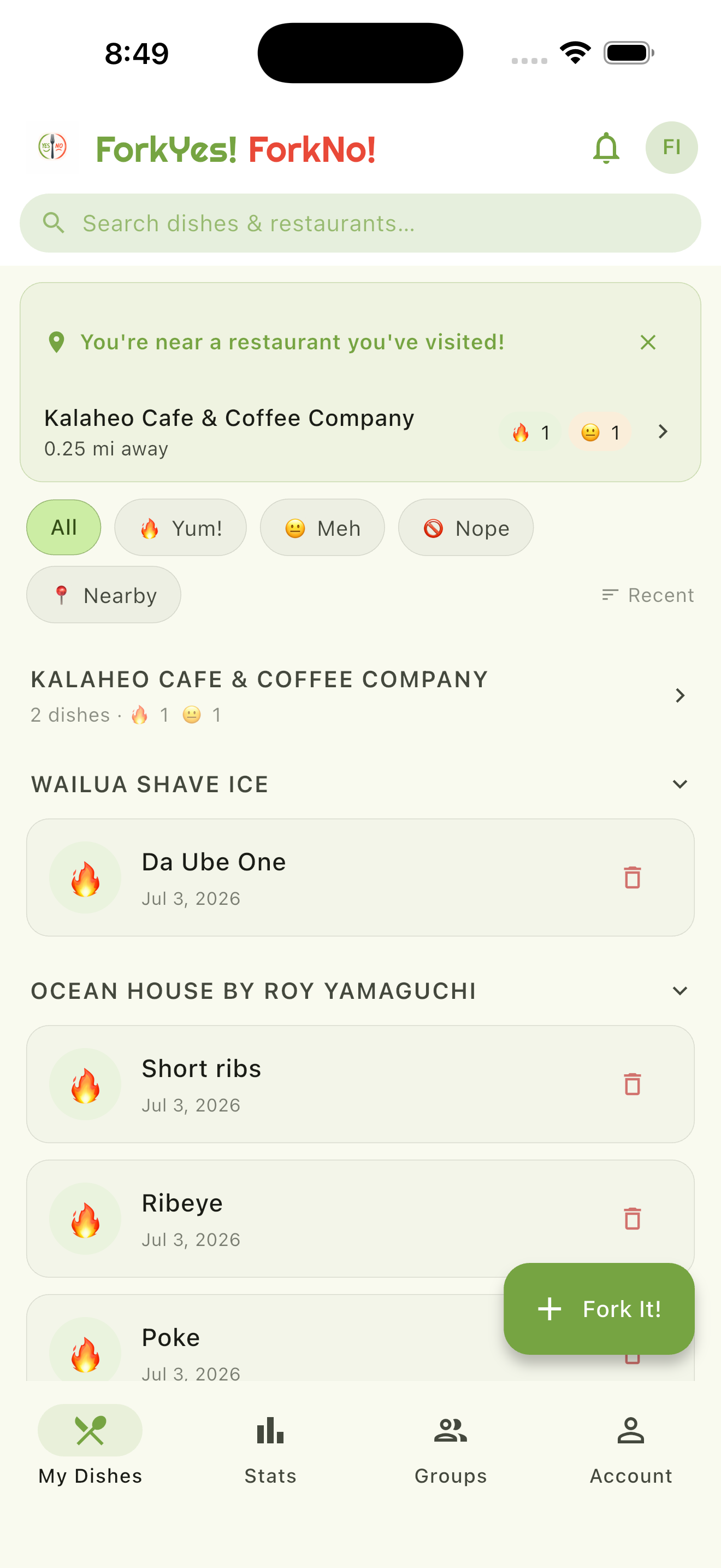 ForkYes!ForkNo! app screenshot showing tracked dishes and ratings