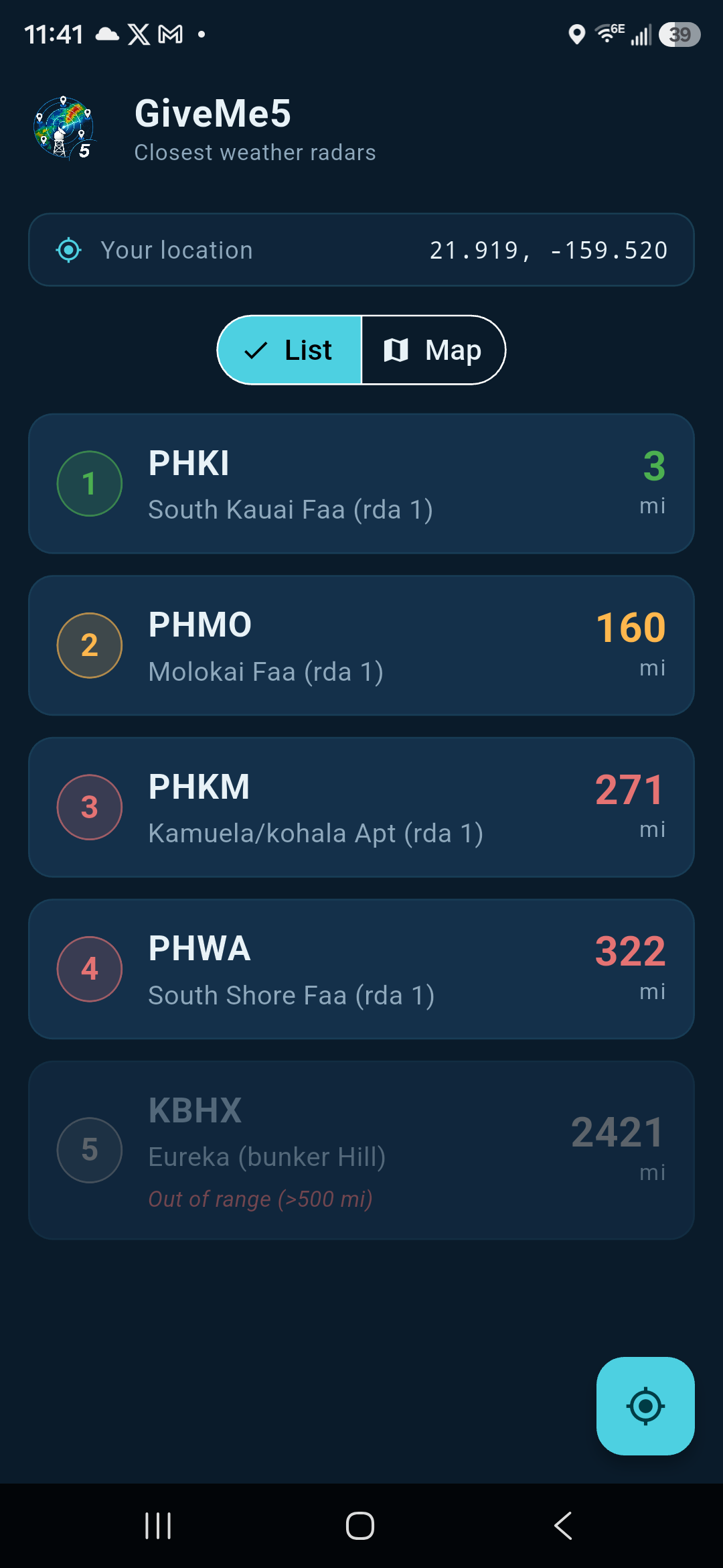 Give Me 5 app screenshot showing the 5 closest weather radars