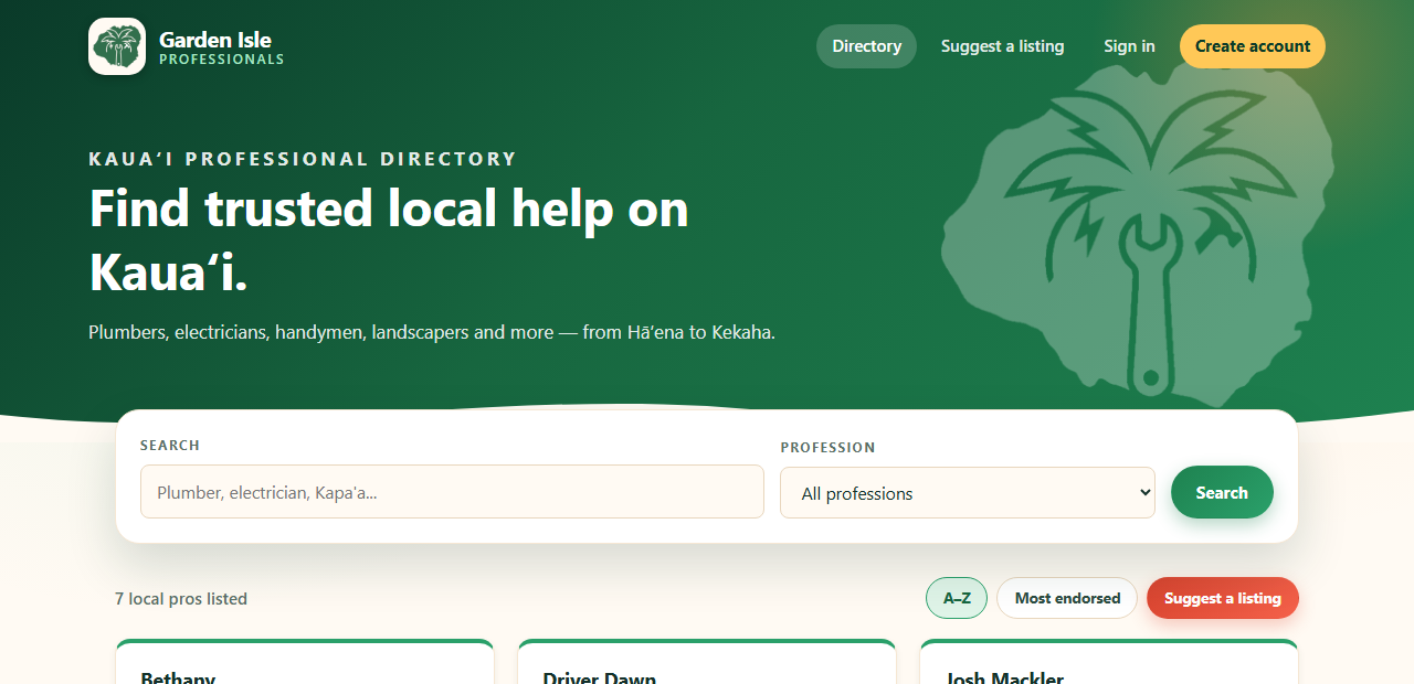 Garden Isle Professionals website showing the Kauaʻi professional directory search